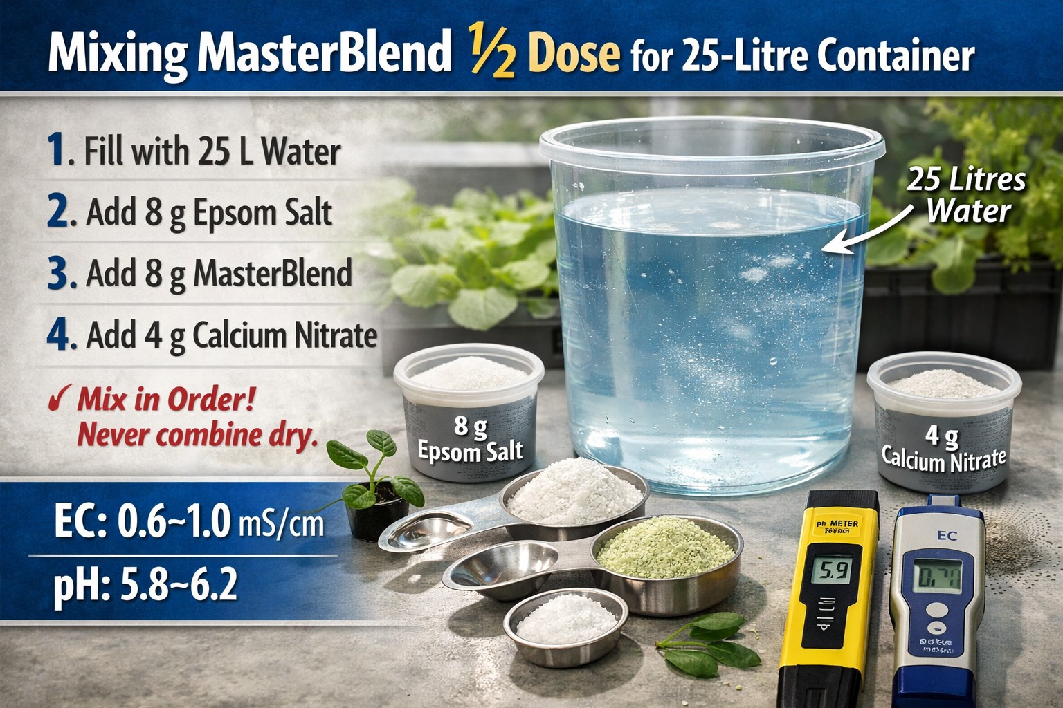 How to Mix MasterBlend (½ Dose) for a 25-Litre Hydroponic Container
